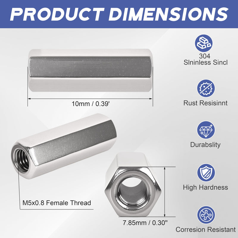 48 Pcs 304 Stainless Steel hex Coupling Nuts M5 x 0.8-Pitch 10mm ，Stainless Steel Rod Coupling Nuts(Metric) M5x0.8x10MM 48