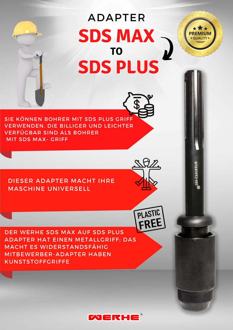 WERHE SDS-Max to SDS-Plus Adapter Chrome Vanadium Steel for Hammer Drills | Sandblasted surface, rust protection, tool-free assembly, rubber protection, for drills, chisels, core drills, length 25 cm Adapter Sds Max to SDS Plus
