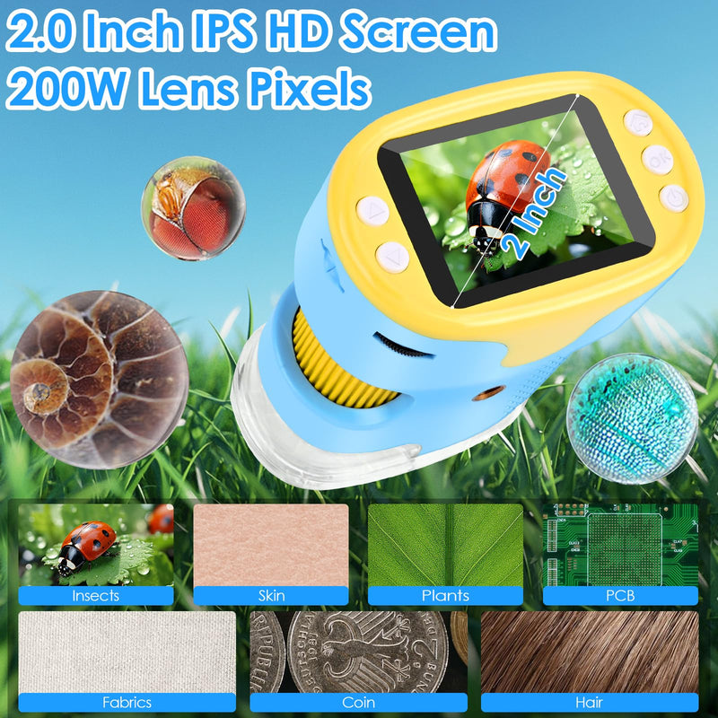 [Australia - AusPower] - Microscope for Children, Vankarr 1000X Digital Pocket Microscope, Portable Mini Mobile Phone Microscopes with 32GB SD Card, 2 Inch IPS Screen, Slide Samples, Gift for Children, Students, Blue 