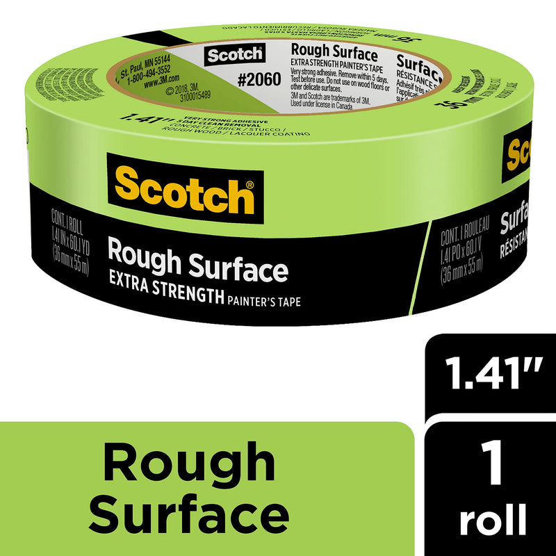 Scotch Painter's Tape Rough Surface Extra Strength Painter's Tape, Green, Tape Protects Surfaces and Removes Easily, Rough Surface Painting Tape for Indoor and Outdoor Use, 1.41 Inches x 60.1 Yards, 1 Roll