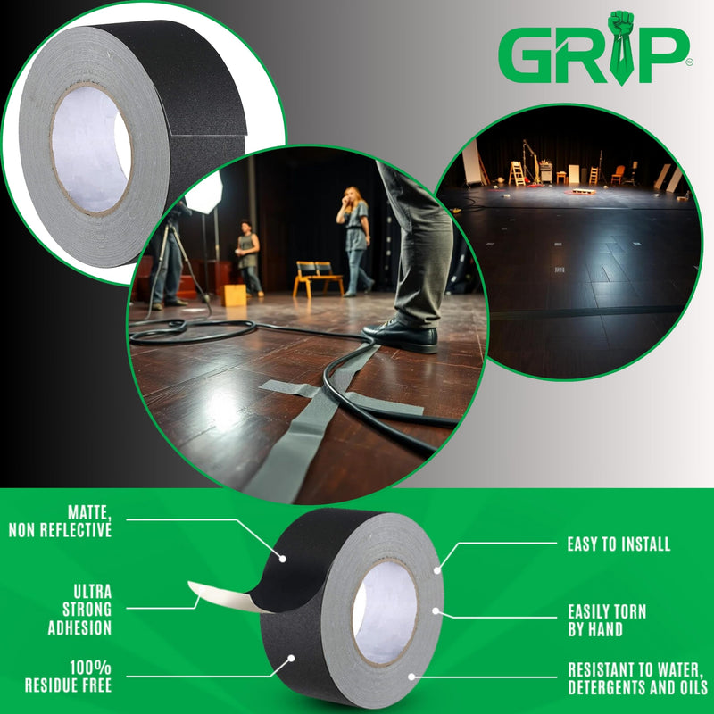 GRIP Premium Grade Non-Reflective Gaffer Tape | Heavy Duty, Matte Black, Residue-Free, Ideal for Photography, Stage, Film, Cable Management, Floors (1, Black, 2" x 32 Yards) 1