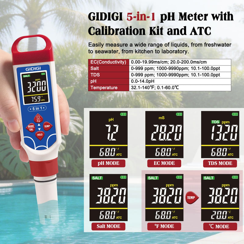 5 in 1 Digital pH Meter TDS EC Temp. Salinity Tester, Update Color Screen Pool Salinity Meter with Calibration Kit, Hydroponic pH Reader with Reset Function for Aquarium Reef Tank Cooking water