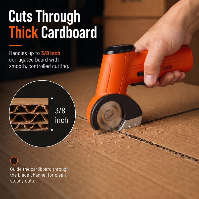 3/8" Heavy Duty Electric Cardboard Cutter for Thick Box Cutting, Unboxing & DIY, Safety Lock, Lightweight One-Handed Cordless Scissors for Weak Wrists, 2600mAh Battery, Replacement Blade, Orange