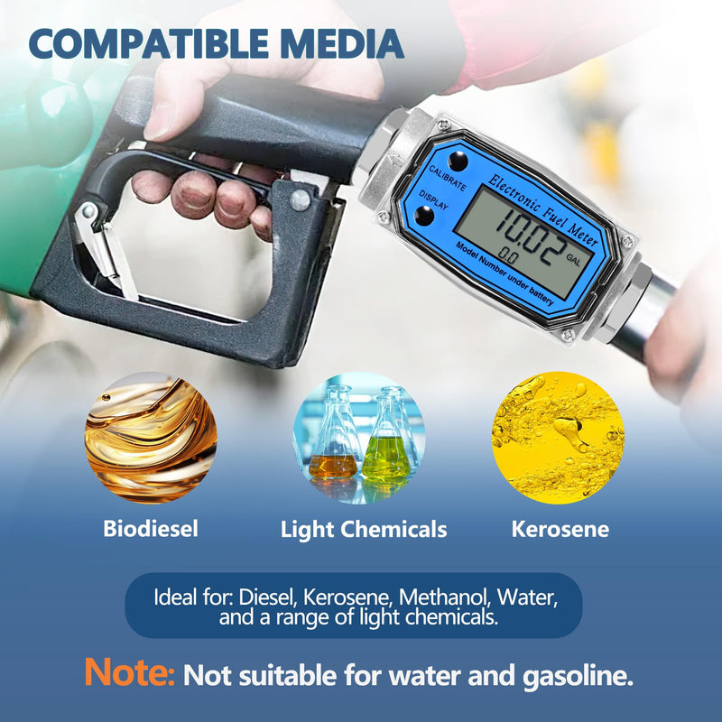 [Australia - AusPower] - 1" Turbine Fuel Flow Meter, 2.6-26 GPM Inline NPT Thread Flowmeter with 3/4" Adapters,Digital Fuel Flow Meter,for Kerosene,Biodiesel, Light Chemicals- Supports Gallon, LTR, PT, QT 