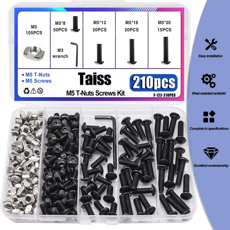 [Australia - AusPower] - Taiss 210PCS M5 T-Nuts Screws Kit,Hammer Head T Slot Nut for 2020 Series Aluminum Extrusion,M5 Button Head Socket Cap Head Screws,Nut and Screw Kits 210PCS T-Nuts Screw Kit 