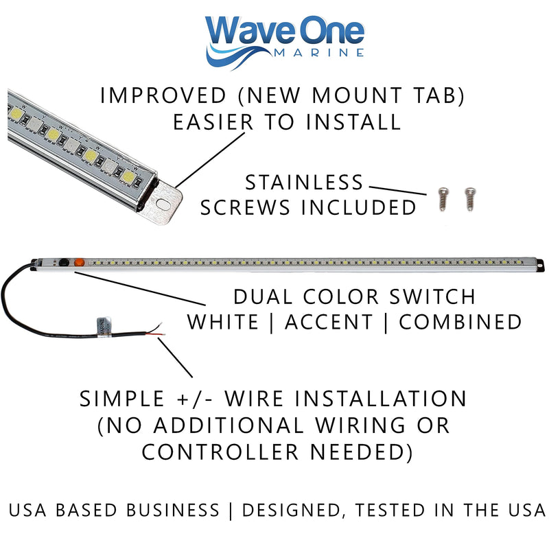 Wave One Marine Dual Color T-Top LED Light With Switch | Boat Courtesy Cockpit Helm Light | Waterproof Bar Housing | Stainless Hardware | IP68 (15.5" White & Blue) 15.5" White & Blue