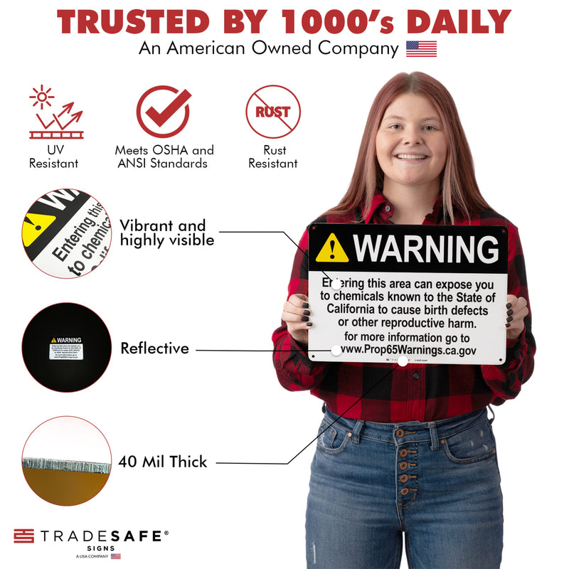 TRADESAFE Prop 65 Reproductive Harm Warning Signs, Quick Install Aluminum Safety Sign, Light Reflective, UV-Resistant, Waterproof Signs for Business, 14” X 10” Prop 65 Warning Sign
