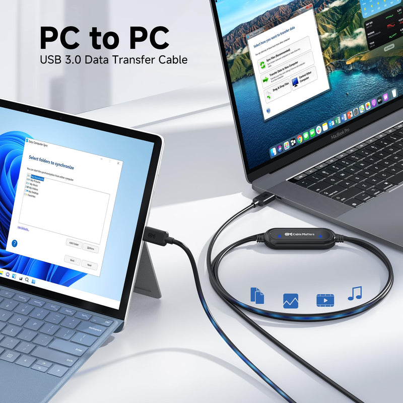 Cable Matters USB 3.0 Data Transfer Cable PC to PC for Windows, USB Transfer Cable, 6.6 ft, Easy Computer Sync Software Key Included, Works with Windows 11/10/8/7/Vista/XP, PCMover, Software Required