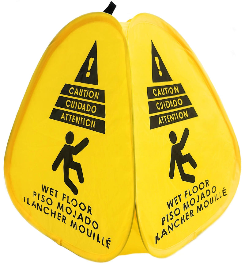 Kraken Sign Co - Pop-up Sign, Yellow 4-Sided Bilingual Trilingual English/Spanish/French Warning, Pop-up Caution Wet Floor Sign 16 inch for Restaurant, Commercial and Industrial Safety. Foldable, Portable, Durable (Yellow, 2 Pack)