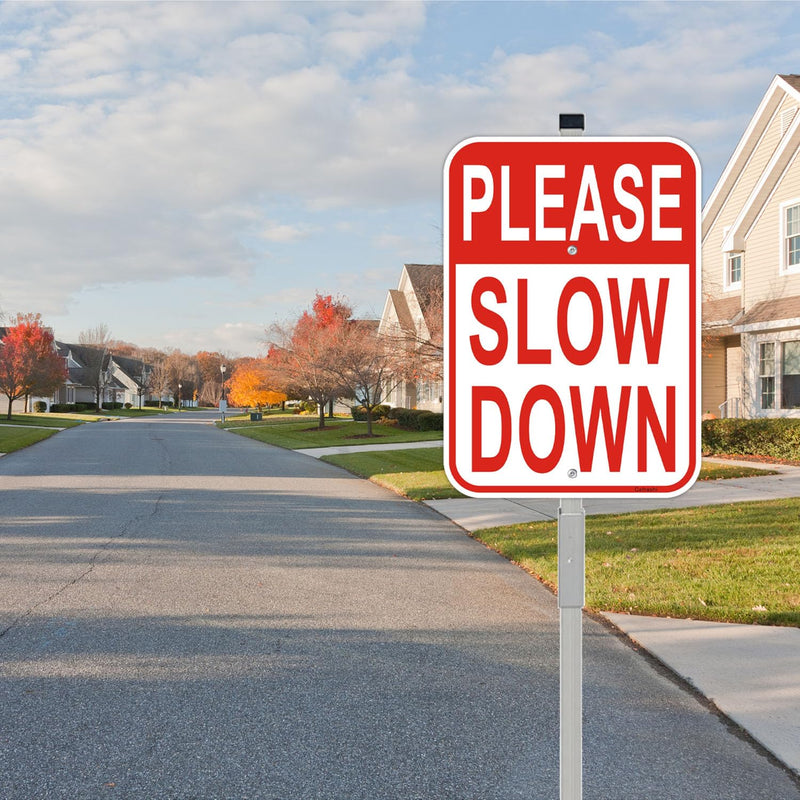 2 Pack Please Slow Down Yard Signs, with 36" Metal Stakes, 14"x10" Reflective Aluminum, Durable Warning Traffic Sign for Slower Speeds, Great for Neighborhoods, Includes Matching Screws & Wrench Red 2Pack- 14"x10" Slow Down Sign- with Stake