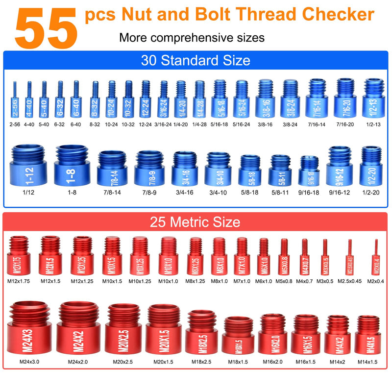 [Australia - AusPower] - 55 Pcs Nut and Bolt Thread Checker (25 Metric & 30 Standard), Bolts and Nut Identifier Thread Gauge, Detachable Bolt Size Finder Especially for Tight Spaces 