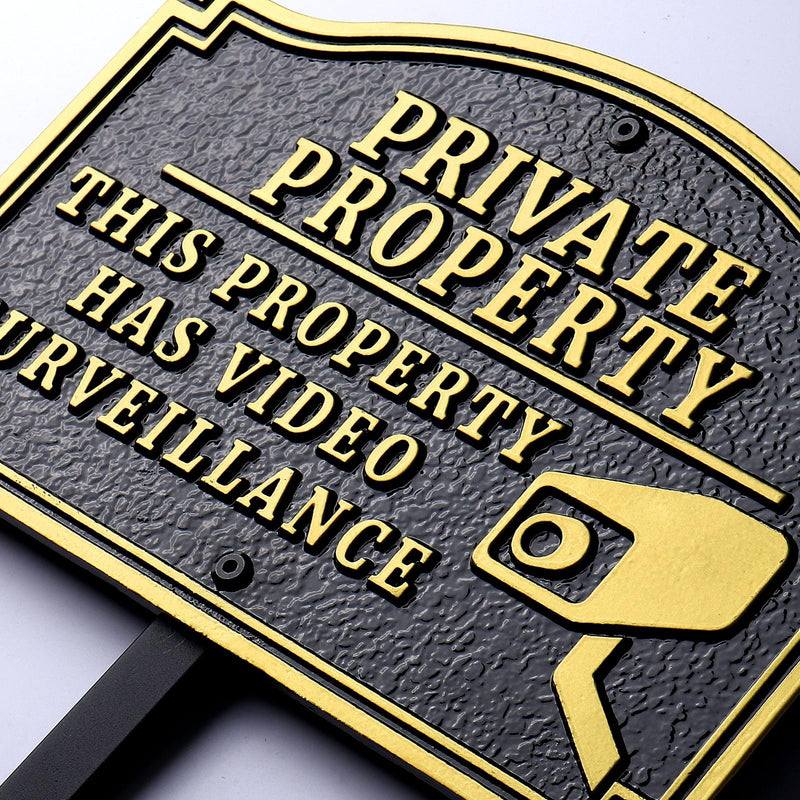 Private Property - This Property Has Video Surveillance Statement Plaque,Home Security Camera Sign with Stakes, Heavy-duty Material, Golden Embossed Letters, 11.5"×7.5” with 31.5" Post
