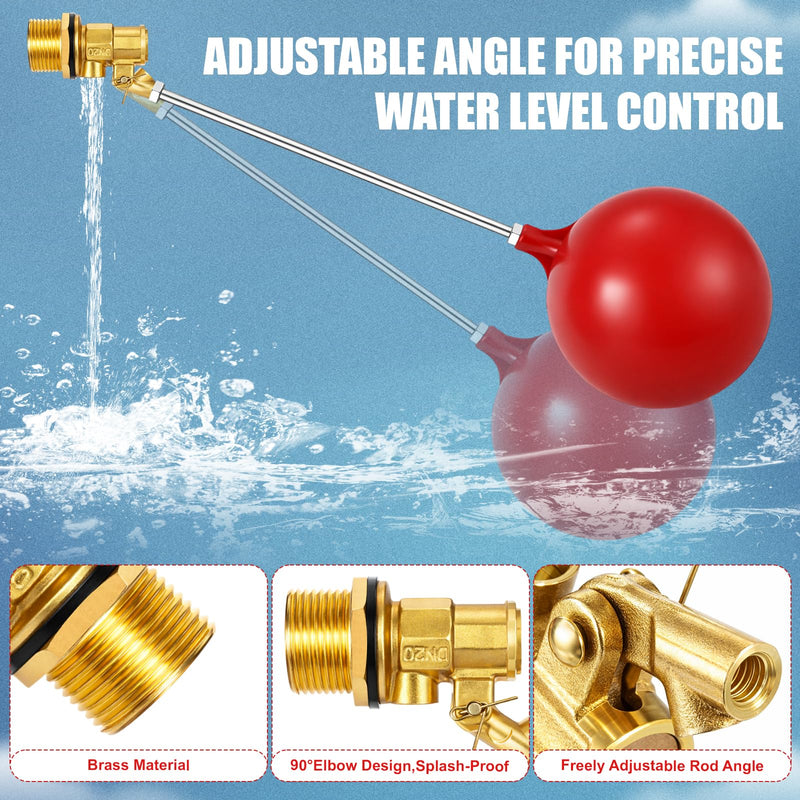 3/4 Inch Stainless Steel Float Valve for Water Tank and Trough, Heavy Duty Design with Adjustable Angle Rod, Float Ball for Stock Tank Pool Water Level Control