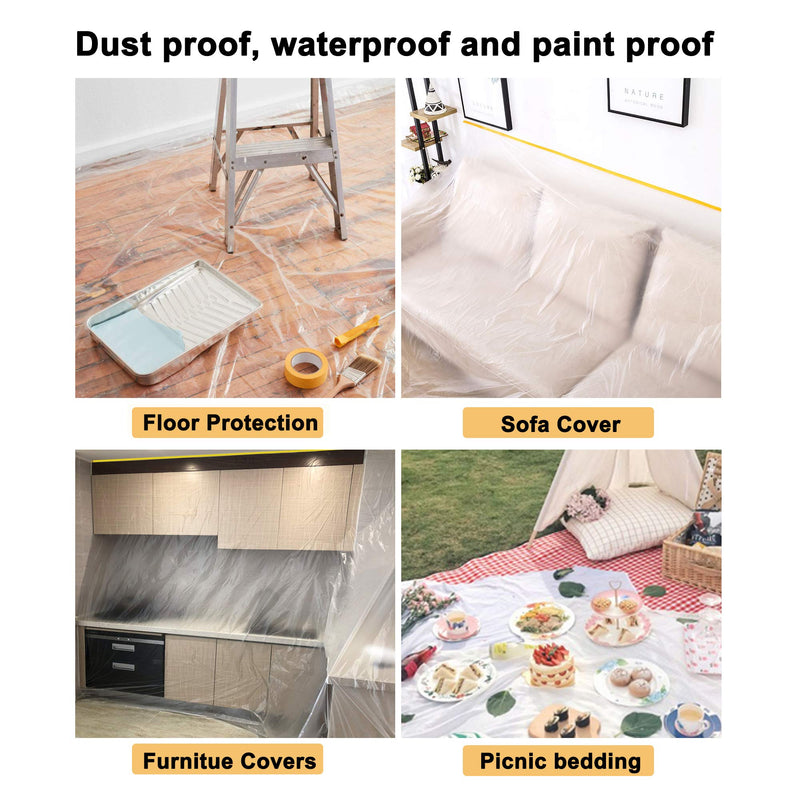 Muf 2 x 65 Feet Plastic Drop Cloth Plastic Sheeting with Masking Tape,Waterproof Protective Masking Film,Prevent Dust Paint for Car,Furniture,Carpet,Floor,3 Pack 3 2 × 65 feet