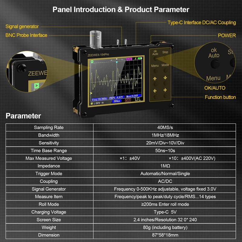 [Australia - AusPower] - Oscilloscope Signal Generator with 2.4" LCD Display 154 PRO Digital Oscilloscope Portable 500Khz 40Ms/s Sampling Rate 18MHz Bandwidth Built-in 1000mah Battery Handheld Oscilloscopes with X1/X10 Probe 154PRO 
