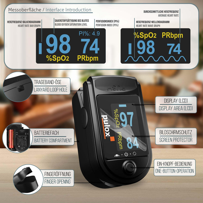 Pulox PO-200 Pulse Oximeter SPO2 with OLED Color Display Black incl. Hardcase Duracell Battery, Dust Cover, Nylon Pouch and Carry Strap-