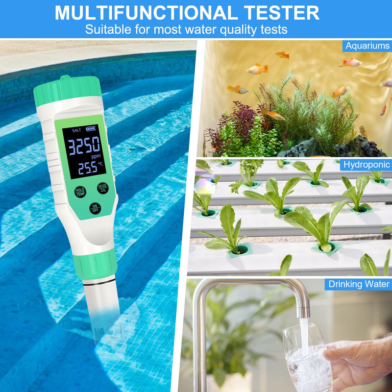 [Australia - AusPower] - Pool Salt Tester, pH and Salt Meter for Saltwater Pool pH Tester and Digital Salinity Tester 7 in 1 Salinity Meter for Swimming Pools Hot Tubs and Swim Spas Green 