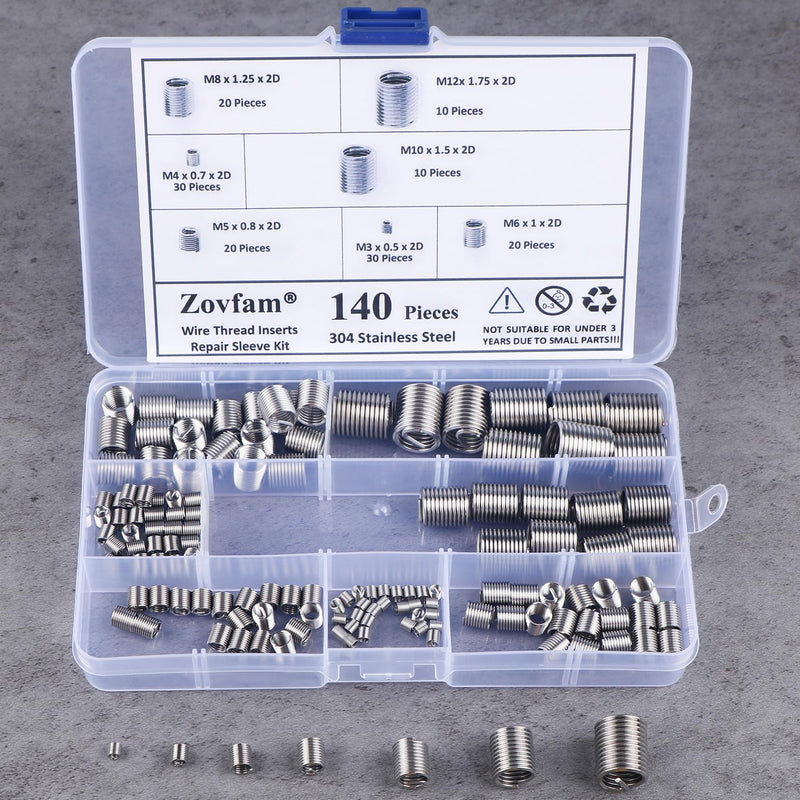 [Australia - AusPower] - Wire Screw Sleeve Thread Repair Inserts Assortment Kit 304 Stainless Steel Metric M3 M4 M5 M6 M8 M10 M12 Wire Thread Inserts Helicoil Thread Repair Kit 140Pcs 
