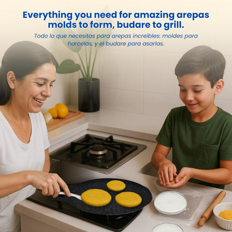 12" Budare for Arepas (Thin) + Molde para Arepas (5.9", 4.3", 3.1") – Plancha para Arepas Colombianas y Venezolanas – Budare para Arepas Venezolanas (Delgado)