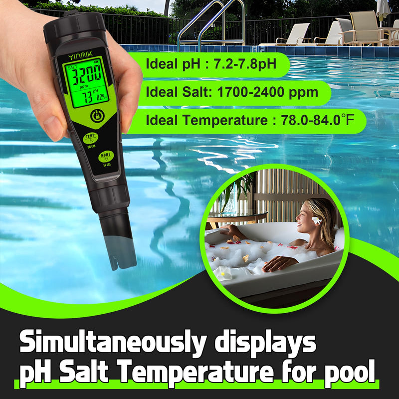 [Australia - AusPower] - Pool Salt Tester, Digital 5 in 1 pH TDS EC Salinity Meter with Calibration Solution Kit, Simultaneous Display ppm pH for Saltwater Pool, Aquarium, Hot Tub, Spa, Hydroponics, Home Brew&Pickling YK-T5S 