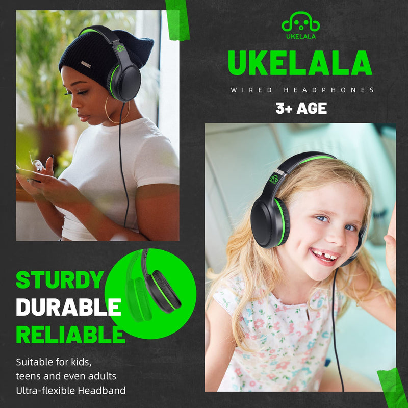[Australia - AusPower] - Green Wired Headphones for Boys Portable On Ear Youth Headphones for School Airplane Travel Lightweight Portable Compatible with Pad Computer Laptop for Adults Student Children Girls Kids Black/Green 