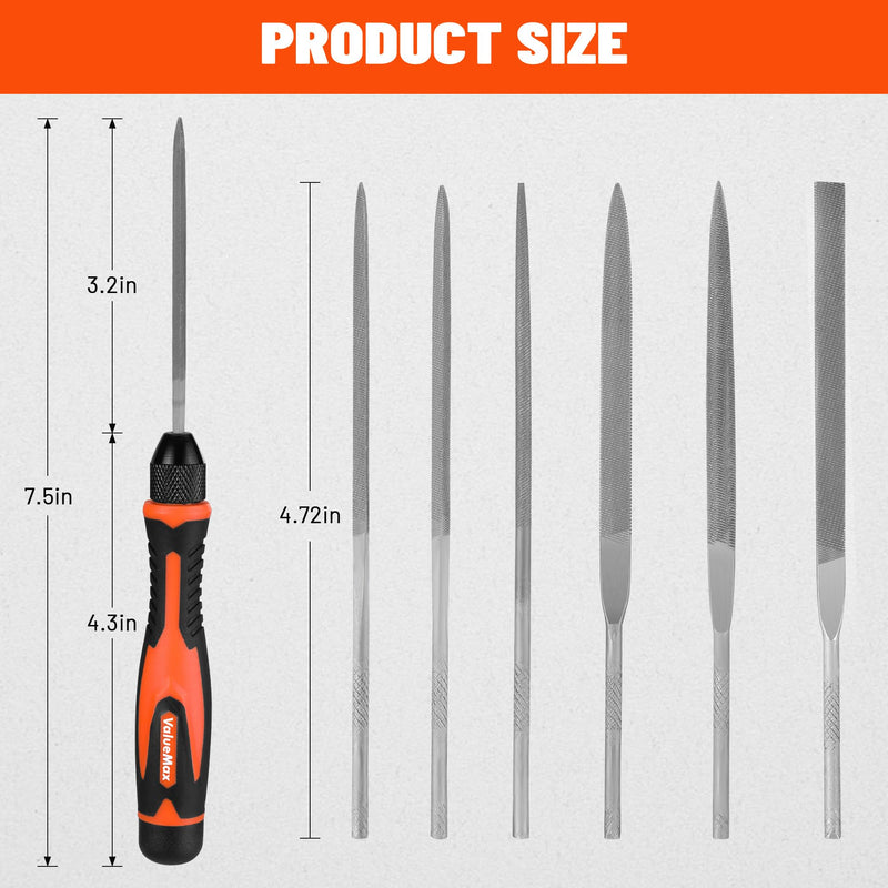 [Australia - AusPower] - ValueMax 7PCS Interchangeable Needle File Set, Small File Set Includes Flat, Flat Warding, Round, Half-Round, Square, Triangular File and A Handle, Suitable for Shaping Metal, Wood, Jewelry, Plastic 