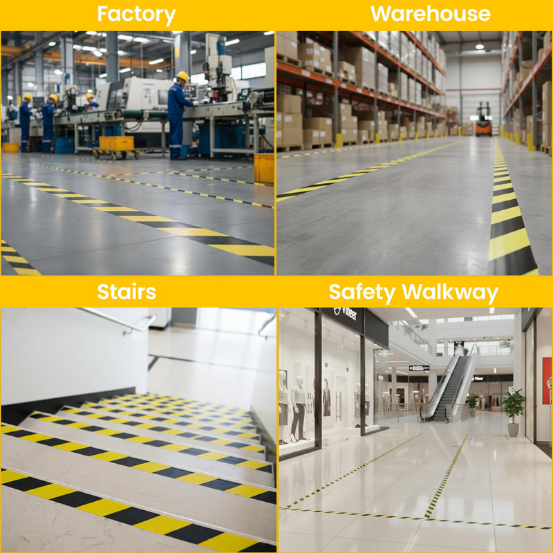 Harrier Hardware 2 in x 180 ft PVC Striped Safety Warning Adhesive Tape, Black & Yellow High Visibility Industrial Commercial Caution Wall Floor Equipment