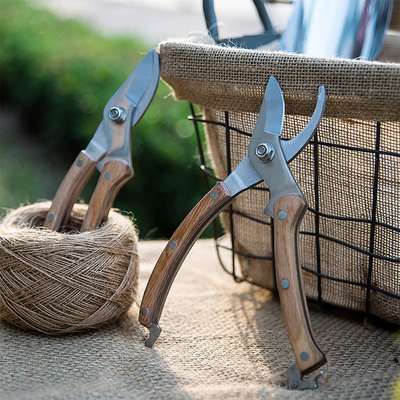 BUGUI 8” Wood Handle Garden Scissors, Set of 2, Includes Bypass Pruning Shears and Long Straight Tip Clippers, Premium Gardening Tools with Precision-Ground SK-5 Steel Blade 8"WoodHandleShearsSet(E023)