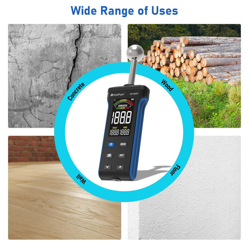 [Australia - AusPower] - HOLDPEAK Pinless Wood Moisture Meter, Non-Destructive Moisture Meter for Wood, Concrete, Floors, Walls, Measuring Depth 20-40mm Digital Moisture Meter with Masonry-Spherical Sensor, Large LCD Display 