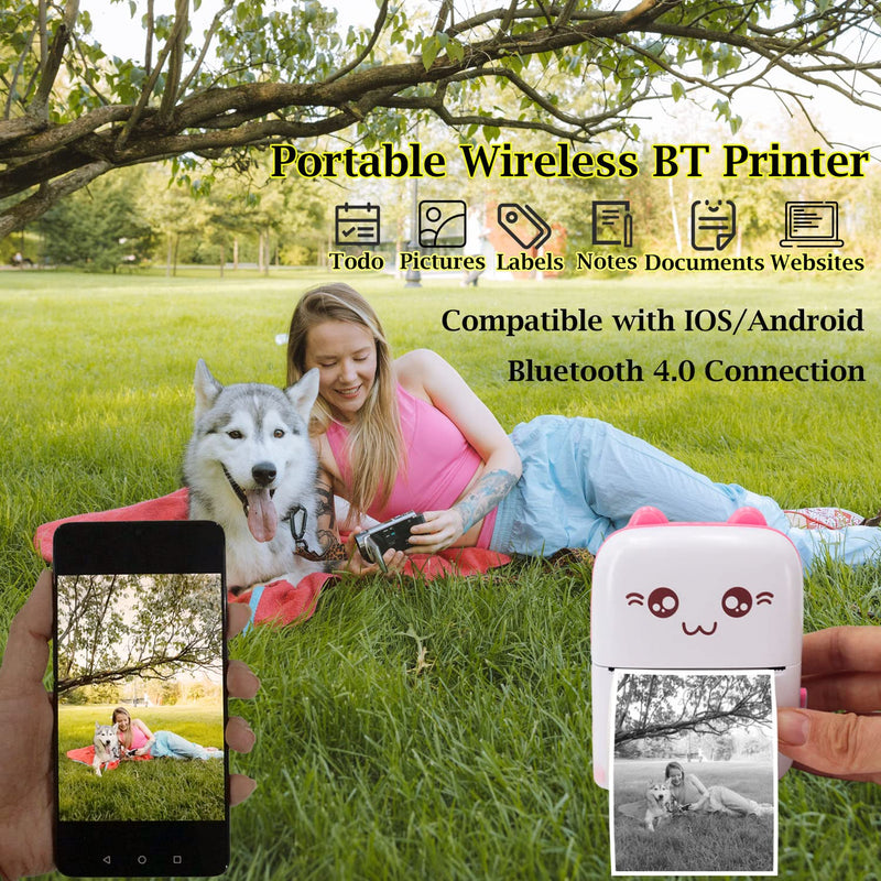 [Australia - AusPower] - Mini Pocket Printer, Portable Thermal Printer with 8 Rolls Printing Paper, Bluetooth Wireless Tiny Printer for Photos/Stickers/Labels/Notes/Receipts, Compatible with iOS and Android, Pink 
