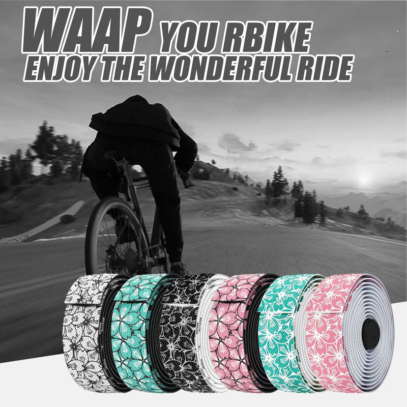 Bike Handlebar Tape EVA (Set of 2), Road Bike Handlebar Tapes, Handle Bar Tape for Road Bike, Cherry Blossom Pattern with 4pcs Handlebar End Plugs, Soft Comfortable-Enhance Your Bike Grip Black Green