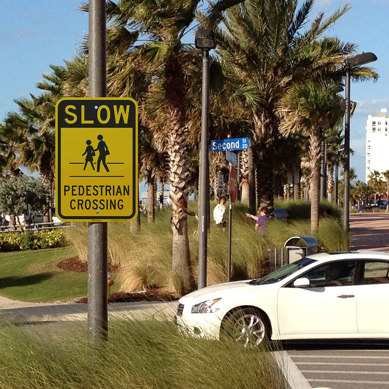 SmartSign "Slow - Pedestrian Crossing" Sign | 12" x 18" 3M Engineer Grade Reflective Aluminum Black on Yellow