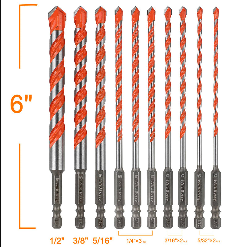 [Australia - AusPower] - Concrete Carbide Drill Bits Hex Shank Masonry Cement Tile Drill Bit Set for Glass/Brick/Plastic/Cement/Tile 5/32"-1/2" (10PCS) 5/32"-1/2" (10PCS) 