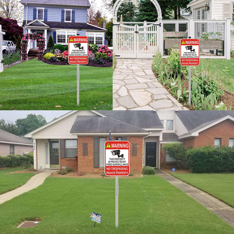 2 Pack Large No Trespassing Private Property Sign Video Surveillance Sign with 36" Stake for Outside, 14"x10" .040 Rust Free Heavy Aluminum, Reflective, Waterproof, Weatherproof and Fade Resistant 2 Pack-10"x14"-with Stake