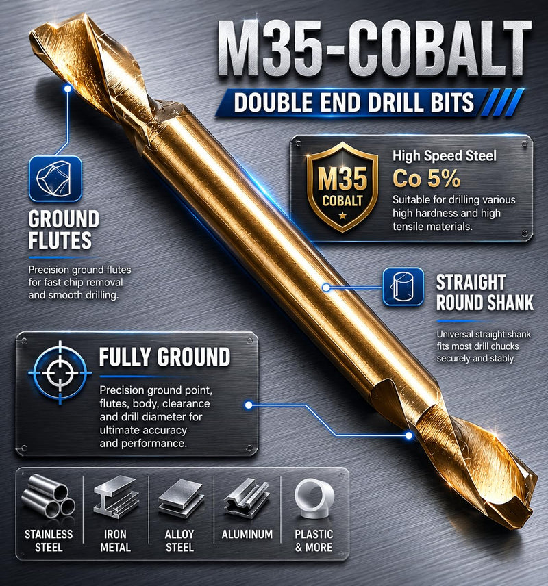 HSS Cobalt Drill Bit Double End 1/4 in. Stubby Body Drill Steel Metal Iron-10Pc 1/4"(10Pcs)