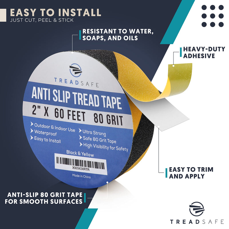 Anti Slip Safety Tape for Steps - Black and Yellow Grip Tape, Caution Tape Adhesive Step Tape, Hazard Grip Tape, Stairs Safety Tape (2" x 60 FT Roll) Caution Tape 2" x 60 FT Roll