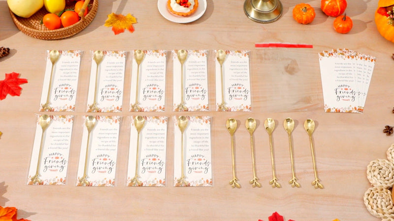 30 Set Friendsgiving Teaspoons Gold Leaf Spoons, Thank You Tags White 30