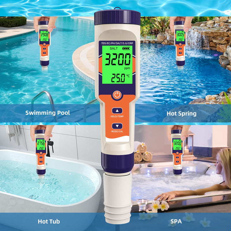 [Australia - AusPower] - 7-in-1 Digital Pool Salt Tester | pH, ORP, Salinity, TDS, EC, Temperature Meter for Saltwater Pools, Hot Tubs, Spas, Aquariums, Hydroponics，Saltwater Pool Tester Dark blue 