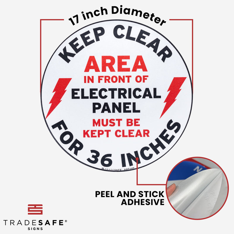 [Australia - AusPower] - TRADESAFE Keep Electrical Panel Clear Anti-Slip Floor Sticker - Area in Front of Electrical Panel Must Be Kept Clear for 36", Peel and Stick Adhesive Vinyl, ANSI-Compliant, 17” Diameter Round Sticker 