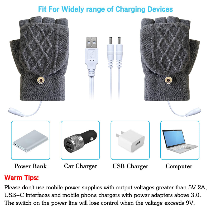 [Australia - AusPower] - Women's & Men's USB Heated Gloves Mitten Full & Half Fingerless Winter Hands Warmer Laptop Gloves Pure Grey 