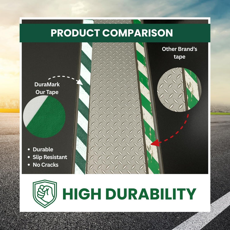 DuraMark RPT-750 Hazard Safety Warning Stripe Tape, Outdoor Heavy Duty Rubber Base Safety Tape, Reflective Slip Resistant Pavement Marking Adhesive Tape for Hazardous Areas (Green & White, 2" x 18') 2 Inch x 18 Ft Green/White