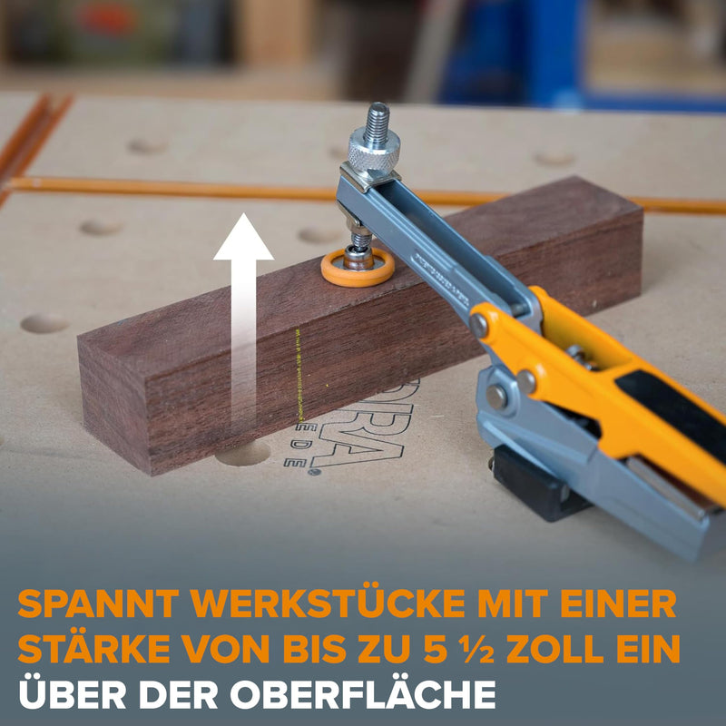 BORA Auto-Adjust Workbench Clamp | Horizontal MFT Clamp with 191mm Spiral Aluminium Dog Peg - 360° Swivel Base, 140mm Clamping Height, up to 181kg Clamping Force - For 19mm & 3/4" Dog-Hole Perforated Plates
