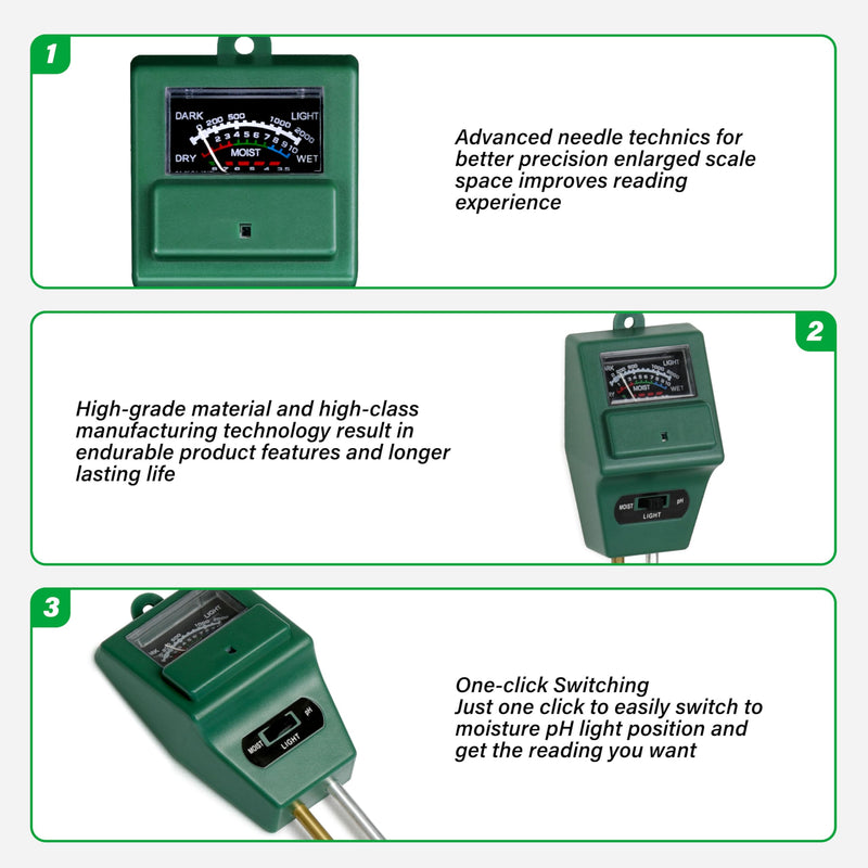 iPower 3-in-1 Plant Moisture/Light/PH Meter, Soil Test Kit for Gardening, Farming, Indoor & Outdoor Use, 3 Pack 3 in 1 Meter, Square