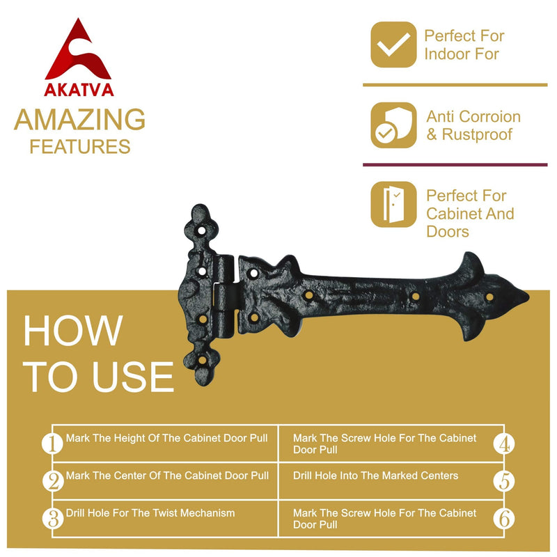 Akatva T Hinge Set - 2 Pieces Gate Hinges for Wooden Fences Heavy Duty - Barn Hinges for Doors - Black Hinges – Hinges for Shed Door - Door Hinges Black Matte - Hinges Outdoor - Fence Strap Hinge Set 2 Pieces Set