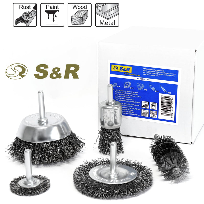 S&R Wire Brush Set 5 Pieces for Drill, Corrugated Steel Wire | Round shaft 6 mm – removal and polishing; in set: disc, pot, brush and cylinder steel brush 5-piece.
