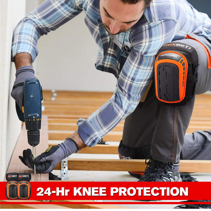 REXBETI Knee Pads for Work, Construction Knee Pads for Men, Heavy Duty Comfortable Anti-slip Foam Gel Knee Pads for Gardening Flooring and Cleaning, Strong Stretchable Straps, Orange Original
