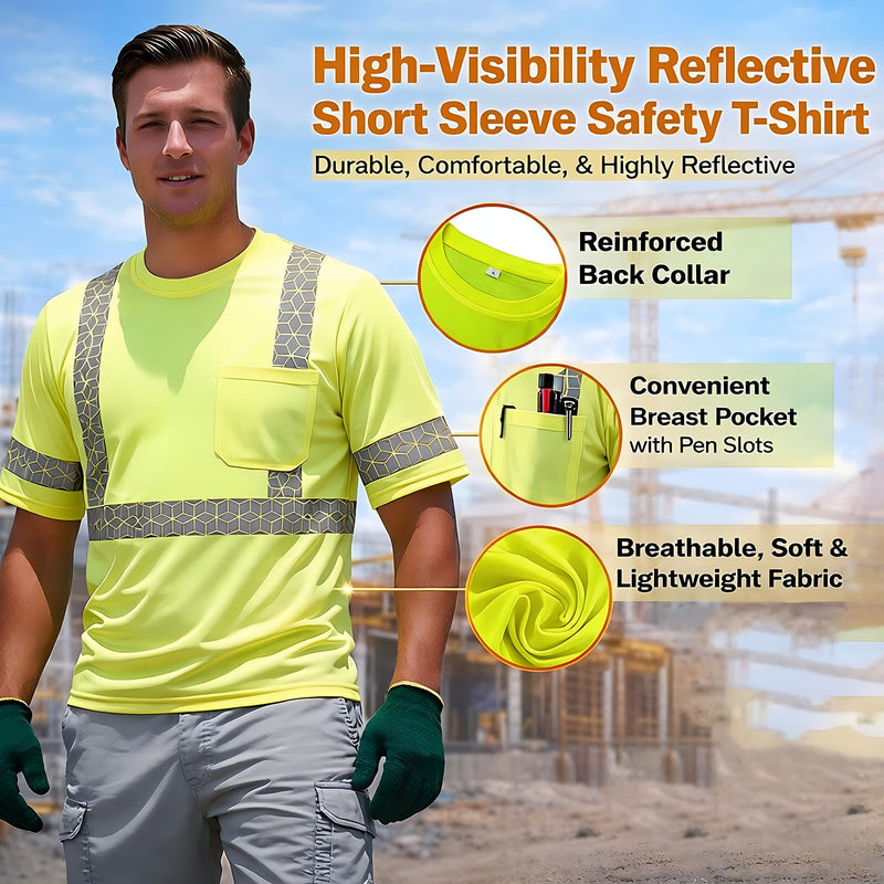 Hi Vis Reflective Safety Shirts for Men, High Vis Shirts Class 3 Short Sleeve (Yellow L) B-yellow Large
