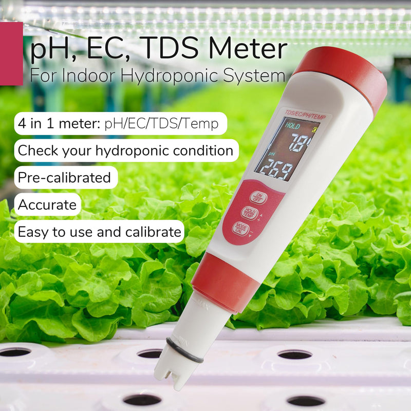 [Australia - AusPower] - 4-in-1 pH Meter TDS EC Meter for Hydroponics Growing System, Digital Water pH Tester for Hydroponic Nutrient Plant Food Solution, DWC Setup and Indoor Garden, Compatible with Aerogarden 