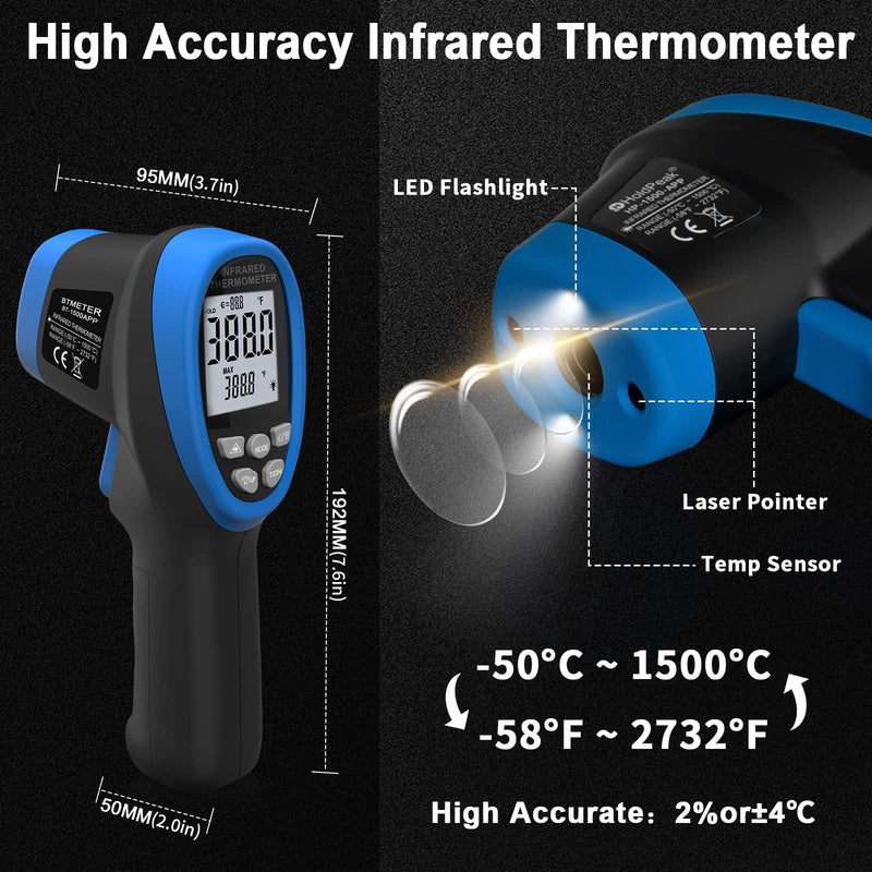 [Australia - AusPower] - BTMETER Infrared Thermometer Gun, Dual Laser 30:1 Industrial Temperature Meter Measure High Temp -58 to 2732 Degree Fahrenheit for HVAC Grill Kitchen Pizza Oven BT-1500APP 【Not for Human】 