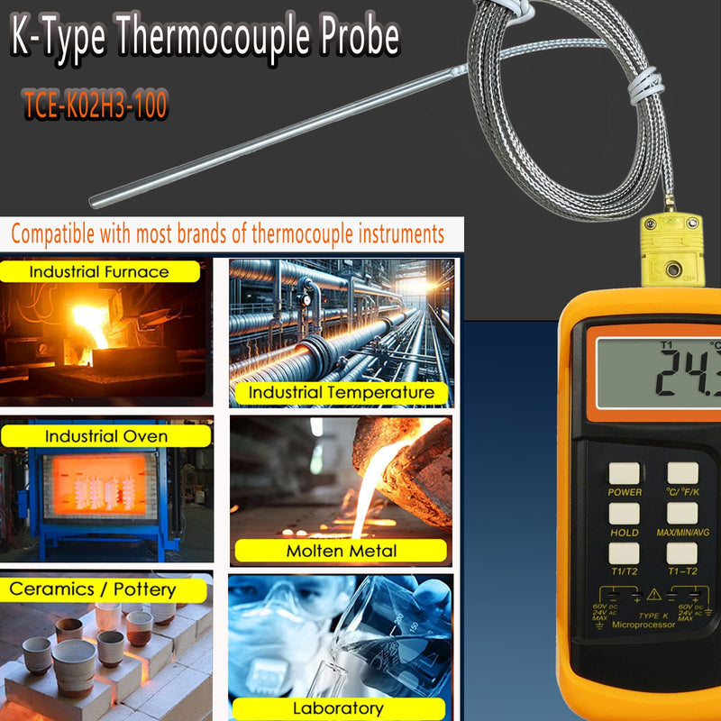 [Australia - AusPower] - 2-Pack TCE-K02H3-100 Furnace K-Type thermocouple Probe 77 ° F to 1112 ° F Probe 0.1in-3.6in Cable 79in 